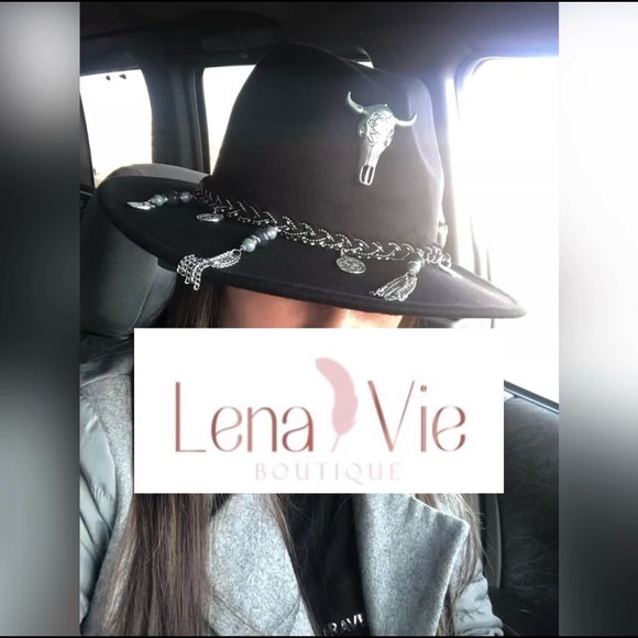 Black Boho Panama Silver Skull Hat With Wide Brim, Fedora Hat, Spring Summer Hat - Picture 4 of 4